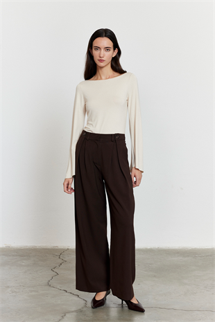 Acı Kahve Düğme Detay Yüksek Bel Palazzo Pantolon ACI KAHVE