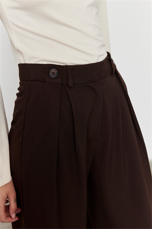 Acı Kahve Düğme Detay Yüksek Bel Palazzo Pantolon ACI KAHVE