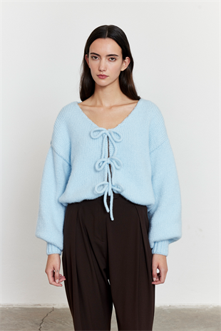 Bağlamalı Balon Kol Hırka Açık Mavi