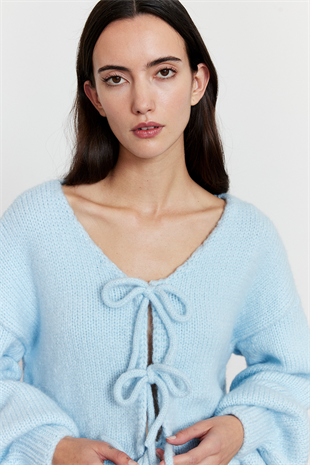 Bağlamalı Balon Kol Hırka Açık Mavi