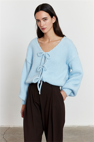 Bağlamalı Balon Kol Hırka Açık Mavi