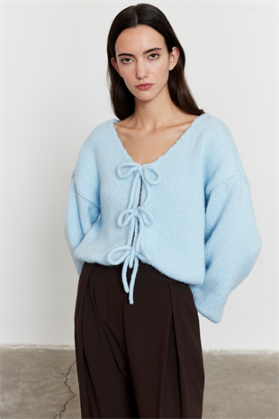 Bağlamalı Balon Kol Hırka Açık Mavi