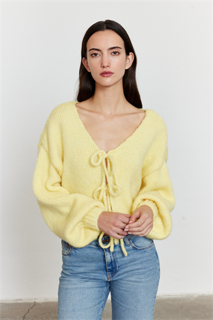 Bağlamalı Balon Kol Hırka Sarı