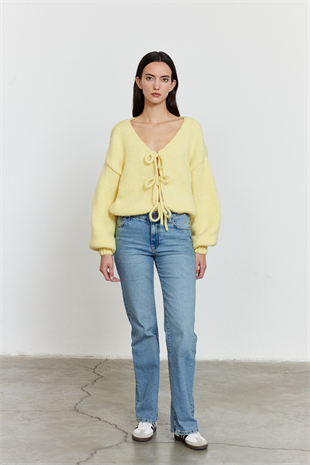 Bağlamalı Balon Kol Hırka Sarı