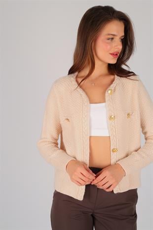 Bej İliksiz Düğme Detay Hırka BEJ