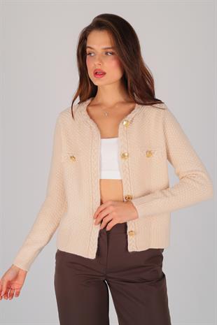 Bej İliksiz Düğme Detay Hırka BEJ