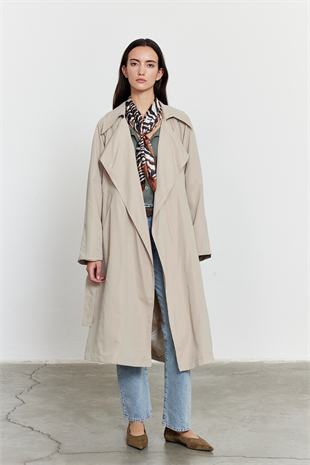 Bej Kuşaklı Mevsimlik İnce Trençkot BEJ