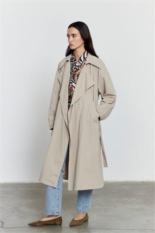 Bej Kuşaklı Mevsimlik İnce Trençkot BEJ
