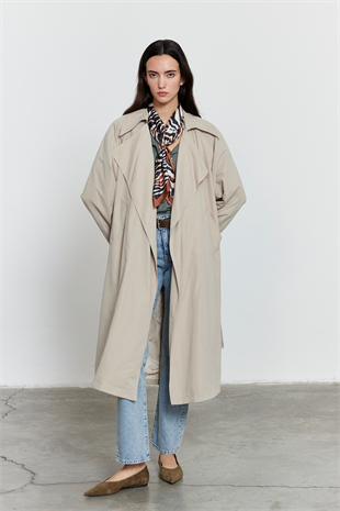 Bej Kuşaklı Mevsimlik İnce Trençkot BEJ