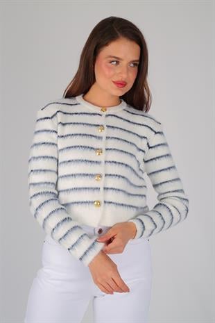 Beyaz Çizgili Şardonlu Hırka BEYAZ