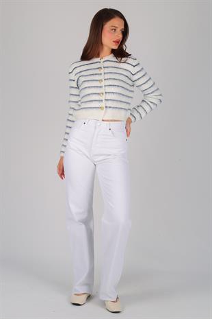 Beyaz Çizgili Şardonlu Hırka BEYAZ