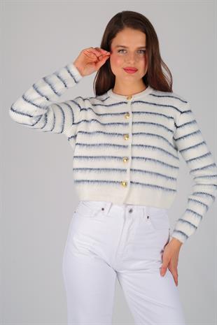 Beyaz Çizgili Şardonlu Hırka BEYAZ