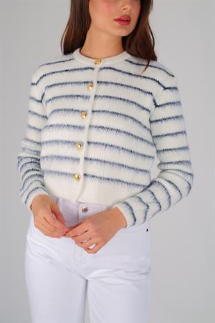 Beyaz Çizgili Şardonlu Hırka BEYAZ