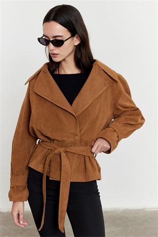 Camel Kemerli Süet Ceket Camel