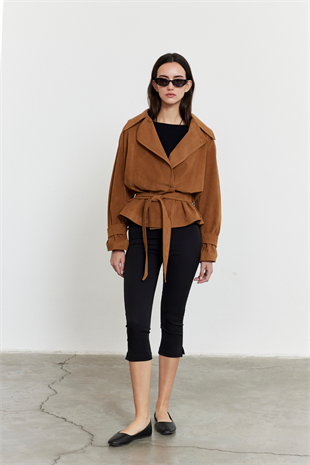 Camel Kemerli Süet Ceket Camel