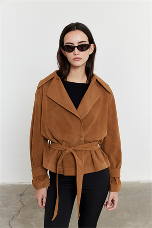 Camel Kemerli Süet Ceket Camel