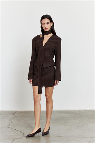 Çizgili Mini Etek Acı Kahve