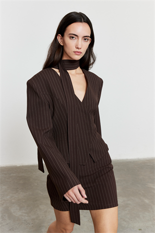 Çizgili Mini Etek Acı Kahve