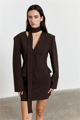 Çizgili Mini Etek Acı Kahve