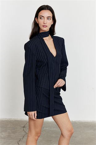 Çizgili Mini Etek Lacivert