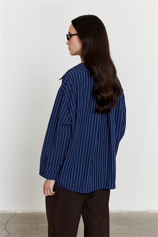 Çizgili Oversize Gömlek Lacivert