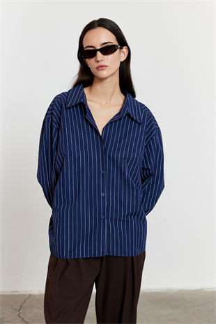 Çizgili Oversize Gömlek Lacivert