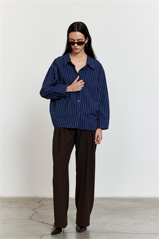 Çizgili Oversize Gömlek Lacivert