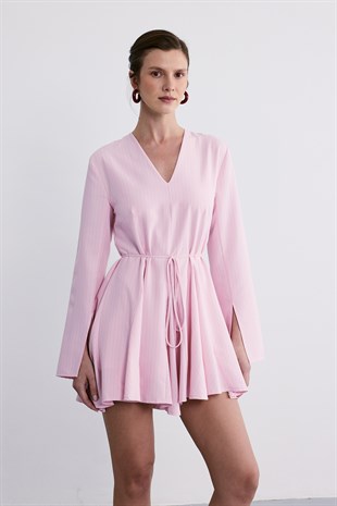 Çizgili Poplin Elbise Pembe