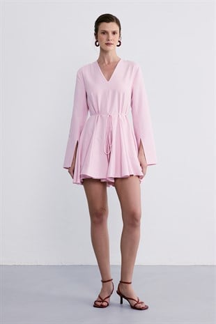 Çizgili Poplin Elbise Pembe