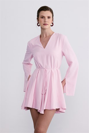 Çizgili Poplin Elbise Pembe