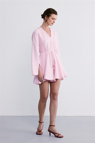Çizgili Poplin Elbise Pembe