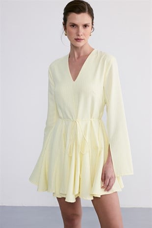 Çizgili Poplin Elbise Sarı