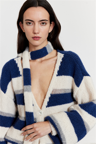 Çizgili Şal Detay Oversize Hırka Mavi