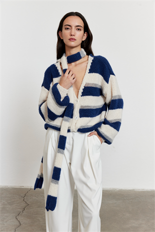 Çizgili Şal Detay Oversize Hırka Mavi