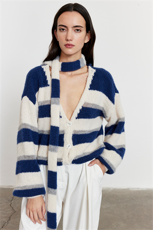 Çizgili Şal Detay Oversize Hırka Mavi