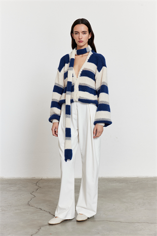 Çizgili Şal Detay Oversize Hırka Mavi