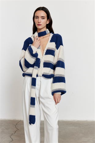 Çizgili Şal Detay Oversize Hırka Mavi