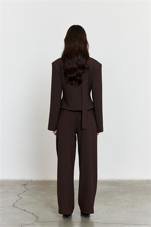 Çizgili Yüksek Bel Palazzo Pantolon Acı Kahve
