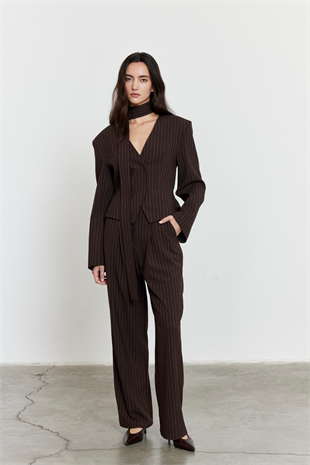 Çizgili Yüksek Bel Palazzo Pantolon Acı Kahve