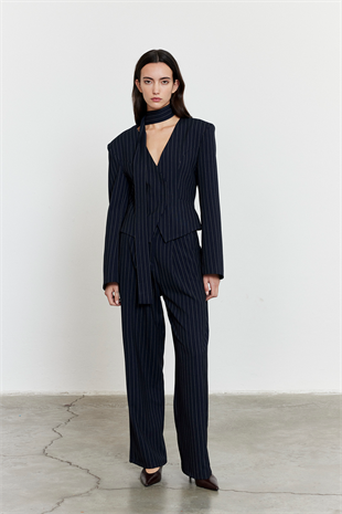 Çizgili Yüksek Bel Palazzo Pantolon Lacivert