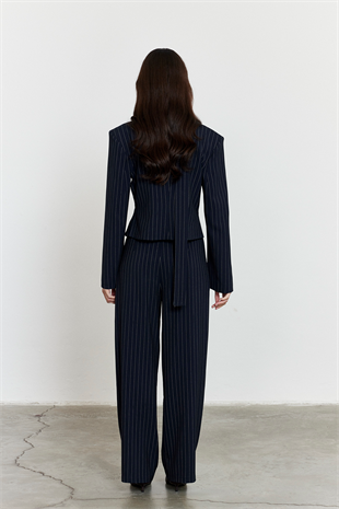 Çizgili Yüksek Bel Palazzo Pantolon Lacivert