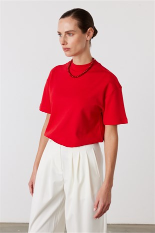 Core Dik Yaka Kısa Kollu T-Shirt Kırmızı