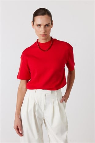 Core Dik Yaka Kısa Kollu T-Shirt Kırmızı