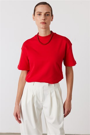 Core Dik Yaka Kısa Kollu T-Shirt Kırmızı