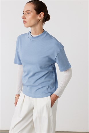 Core Dik Yaka Kısa Kollu T-Shirt Mavi