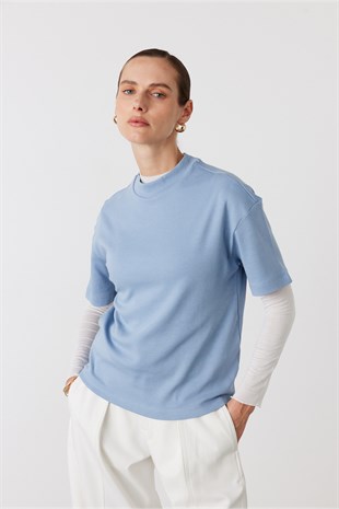 Core Dik Yaka Kısa Kollu T-Shirt Mavi