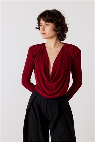 Degaje Yaka Uzun Kol Body Bordo