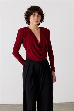 Degaje Yaka Uzun Kol Body Bordo