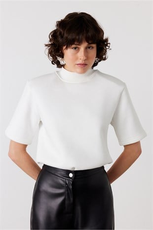 Dik Yaka Zıbınlı Sweatshirt Ekru