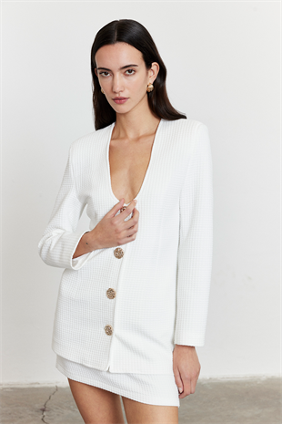Dokulu Blazer Etek Takım Beyaz